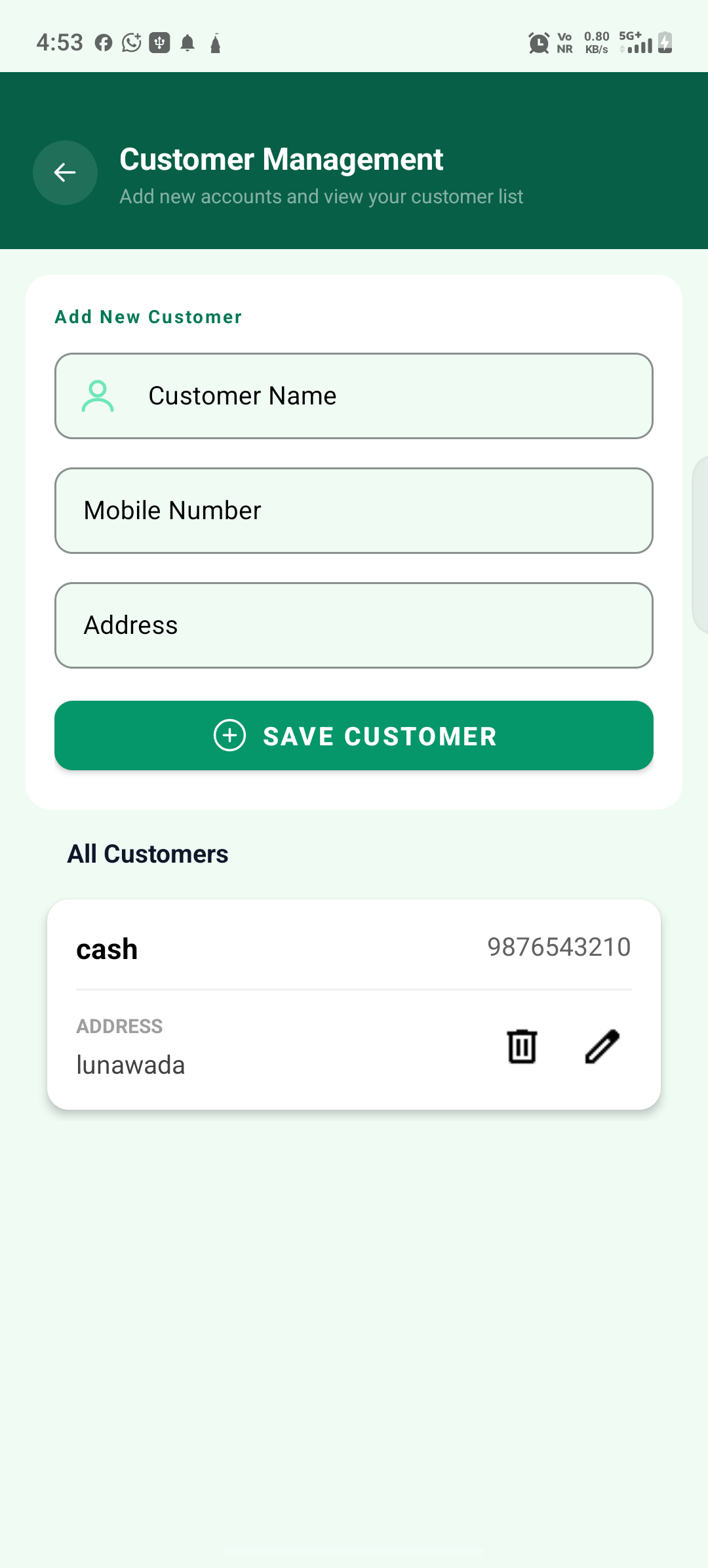 Customer management screen with saved customer name, number and address