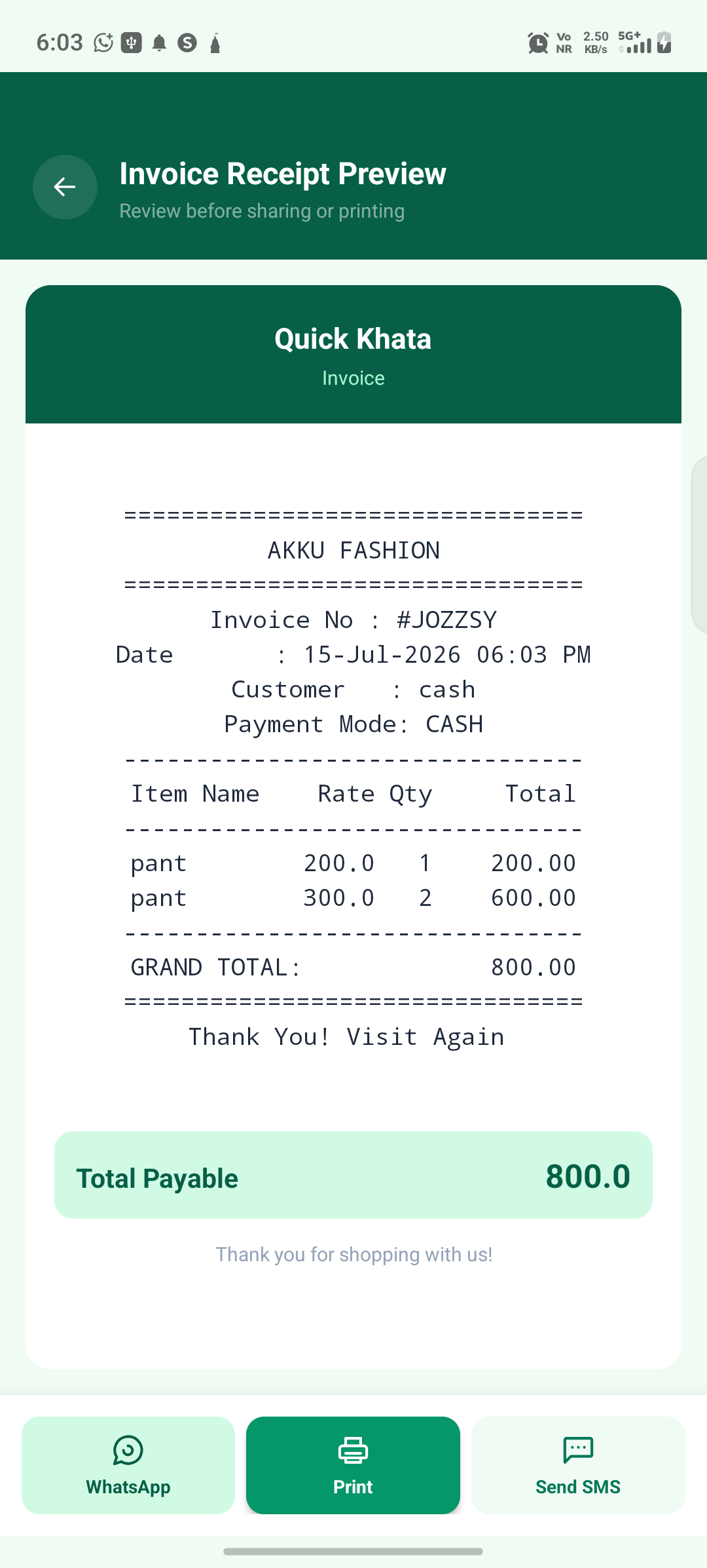 Invoice receipt preview formatted like a printed thermal receipt, ready to share or print