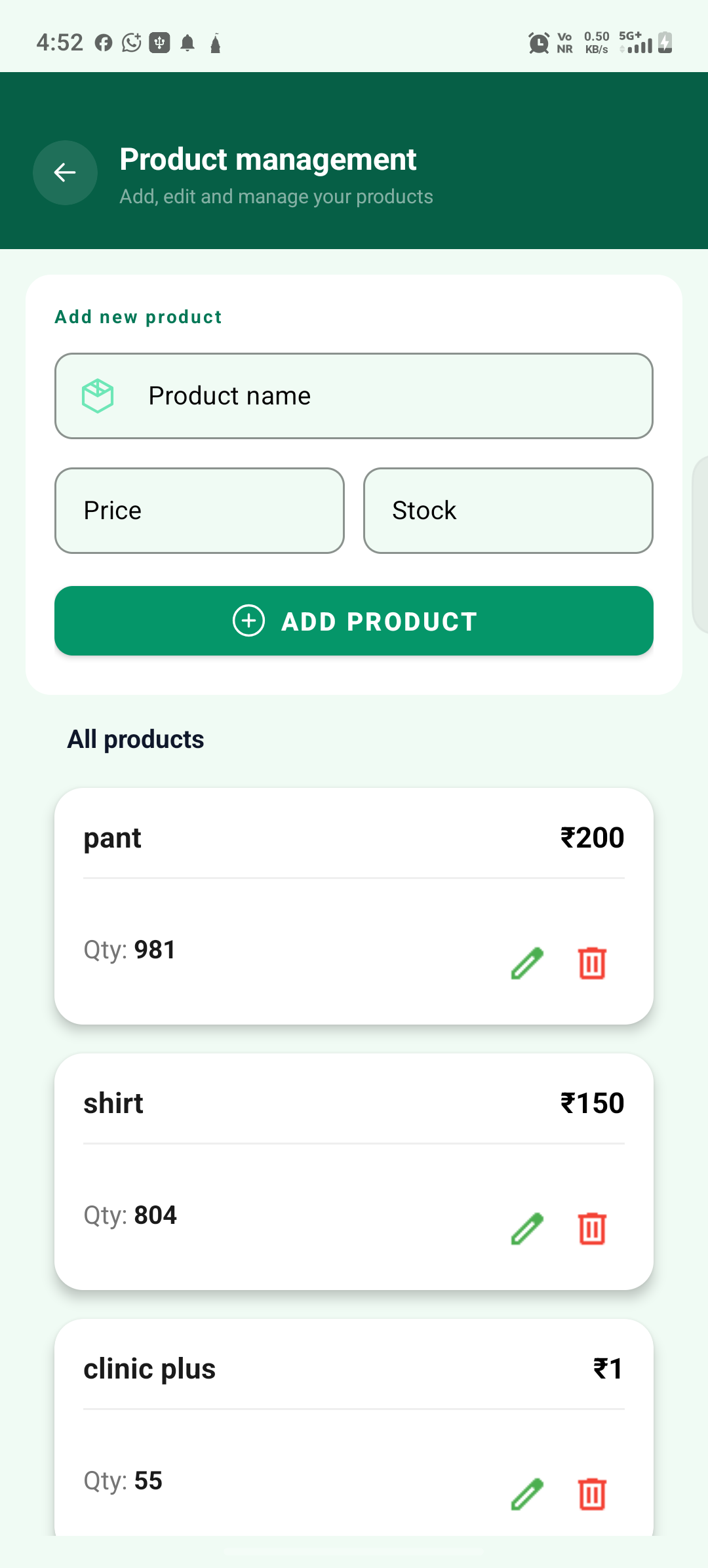 Product management screen listing products with price and stock